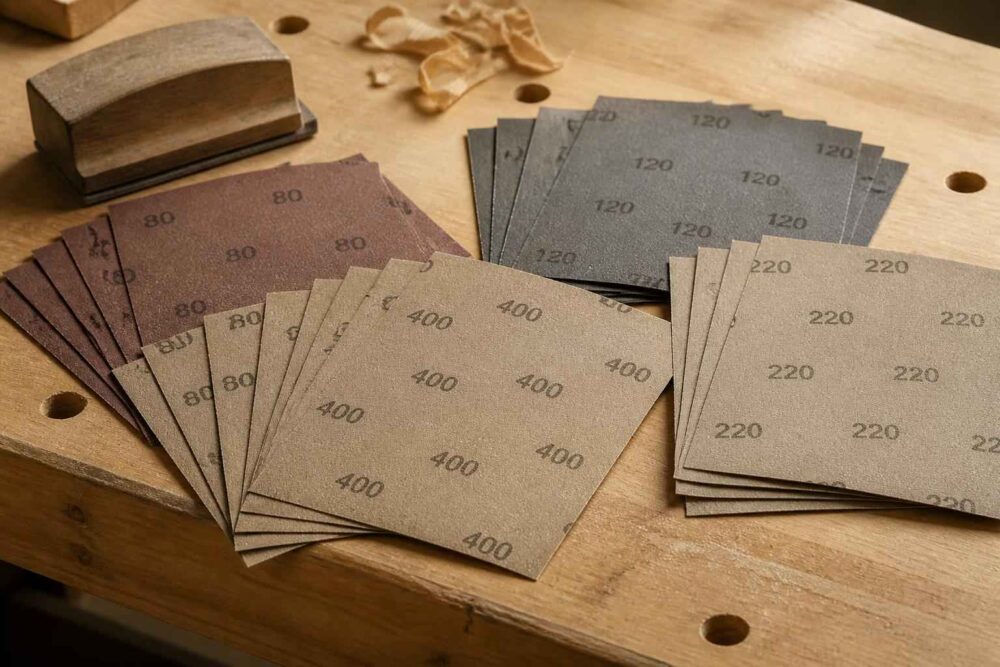 Różne gradacje papieru ściernego ułożone obok klocka szlifierskiego na drewnianym stole