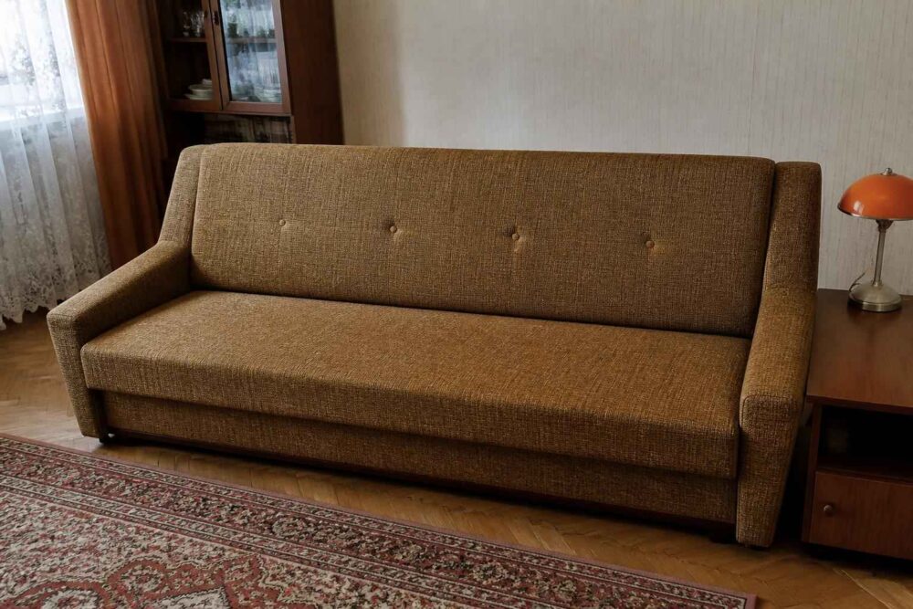 Brązowa sofa stojąca na wzorzystym dywanie w salonie z lampą stołową i drewnianymi meblami