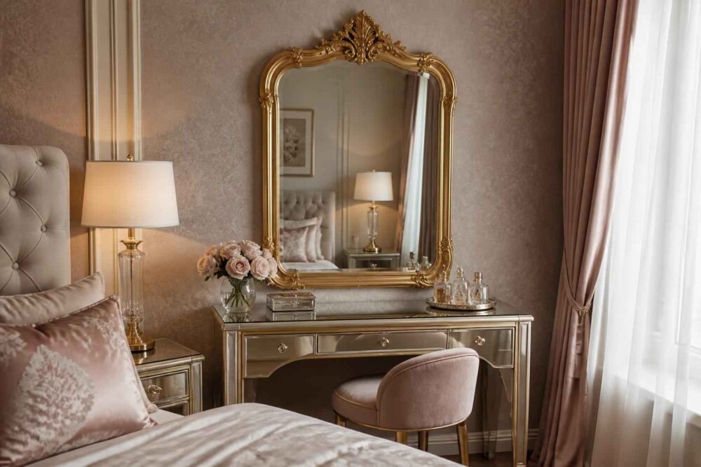 Klasyczna toaletka z lustrem, lampą i bukietem róż przy oknie w eleganckiej sypialni