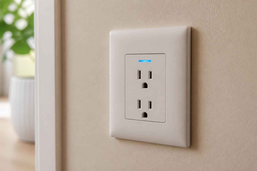 Białe podwójne gniazdko elektryczne na beżowej ścianie obok okna z rośliną w tle