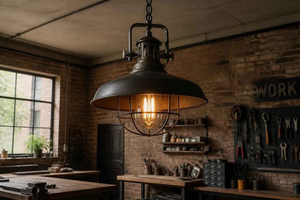 Wisząca industrialna lampa z żarówką w ceglanym warsztacie stolarskim
