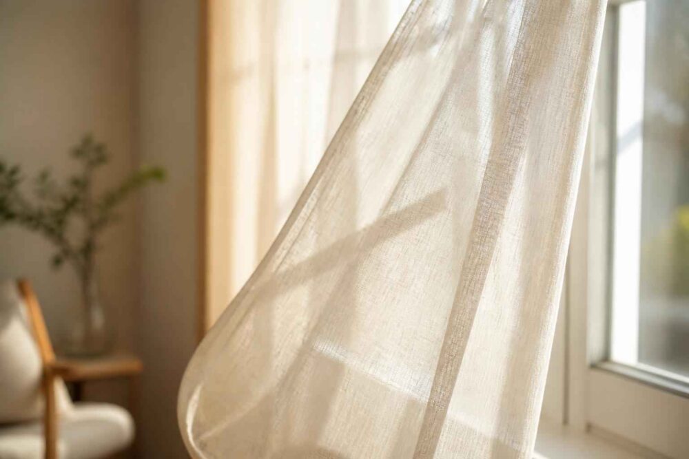 Półprzezroczysta firanka poruszana przy oknie w ciepło oświetlonym wnętrzu