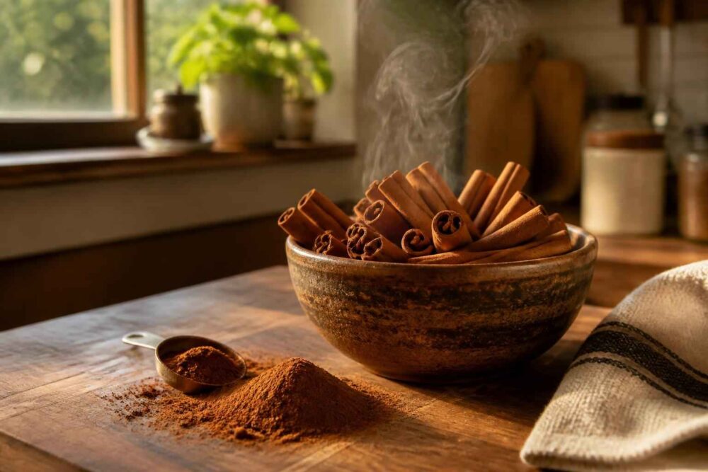 Ceramiczna miska z laskami cynamonu, mielony cynamon i drewniana łyżka na kuchennym stole
