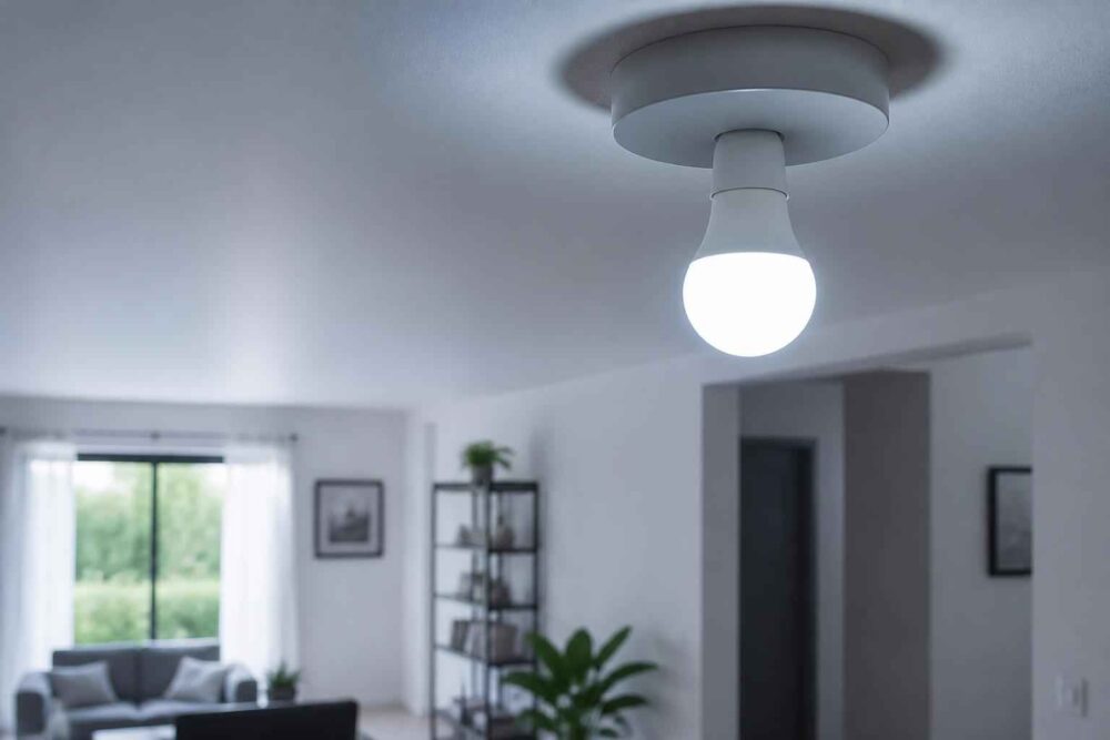 Nowoczesna lampa sufitowa z białą żarówką w jasnym salonie z roślinami i dużym oknem