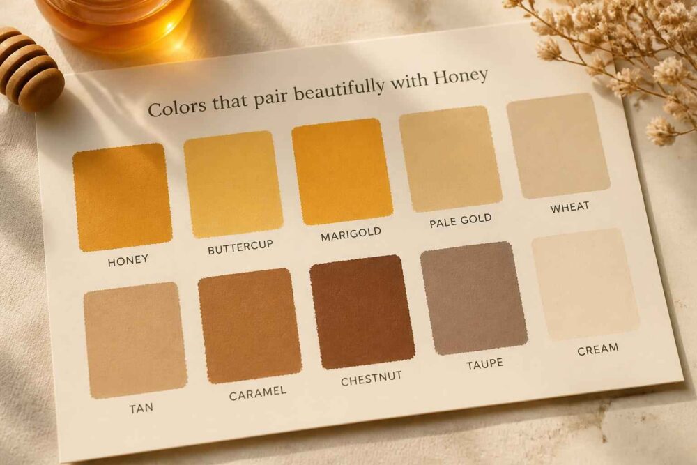 Paleta próbek odcieni miodu, karmelu, kasztanu, taupe i kremu z ilustracją słoika miodu