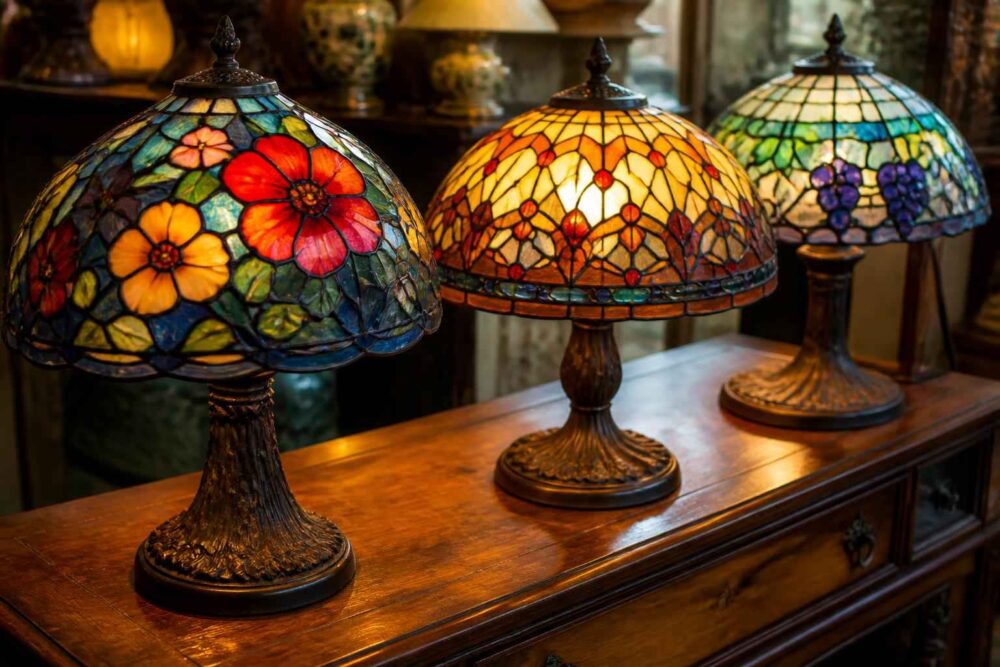 Trzy ozdobne lampy Tiffany’ego z kolorowymi kwiatowymi kloszami na drewnianej komodzie
